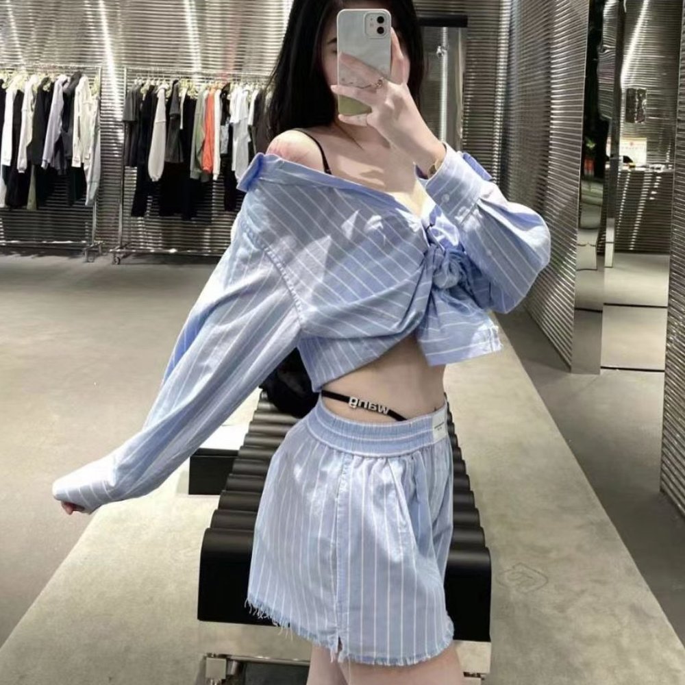 Blue Alexander Wang Off-Shoulder Striped Shirt set
